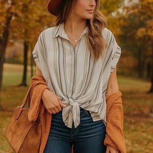 Loft striped button down tie waist high/ low top